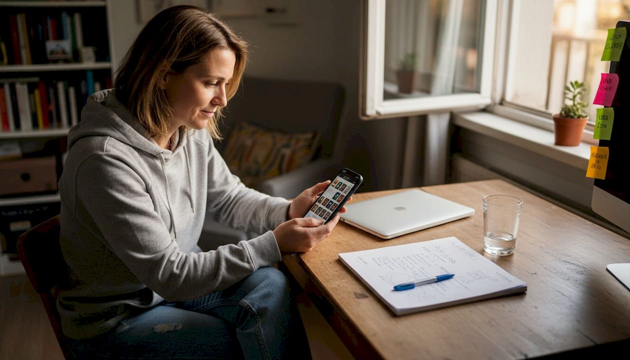 Reviewing app store screenshots at desk