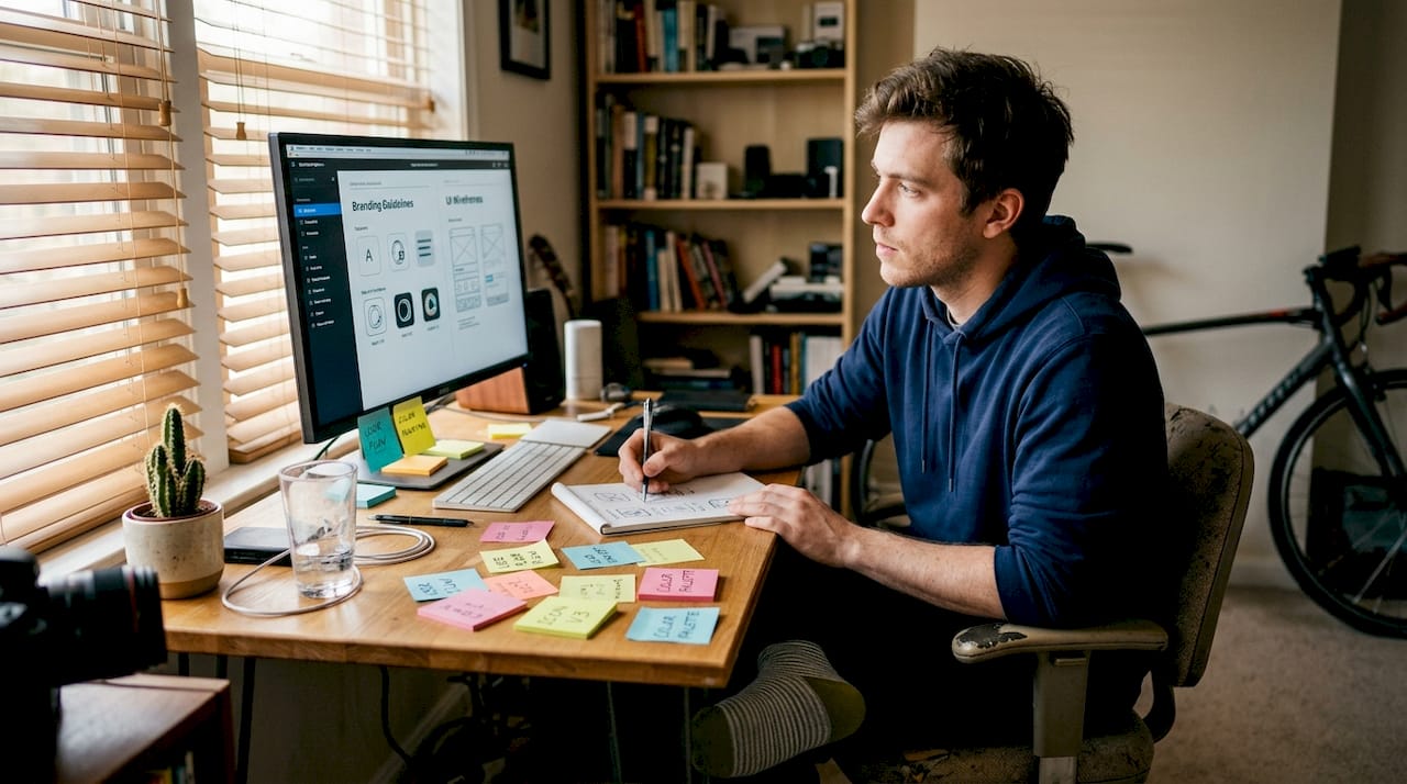 Indie app developer designing branding at desk