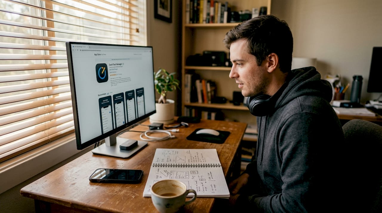 Developer reviewing app store listing at desk