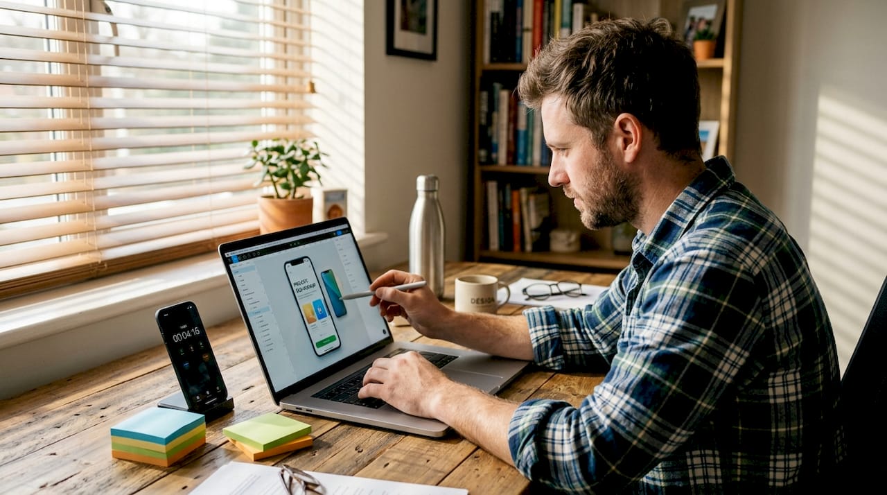 Designer creating 3D app device mockup