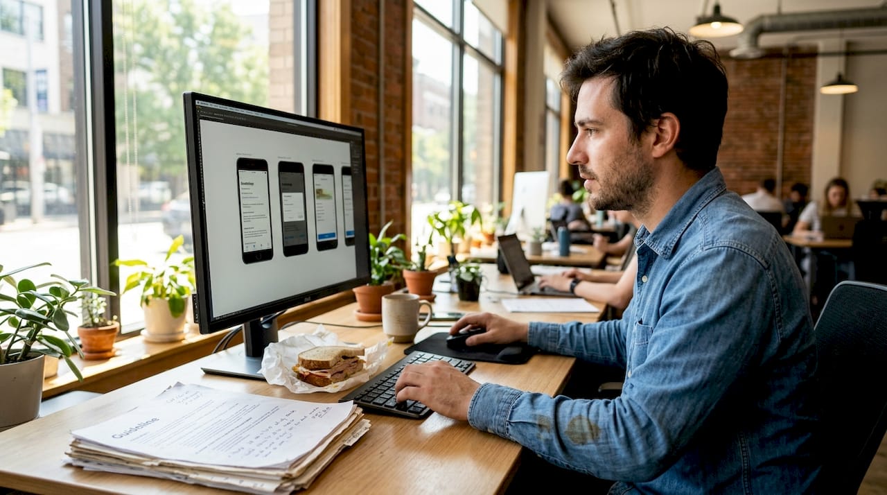 App developer reviewing screenshots at desk