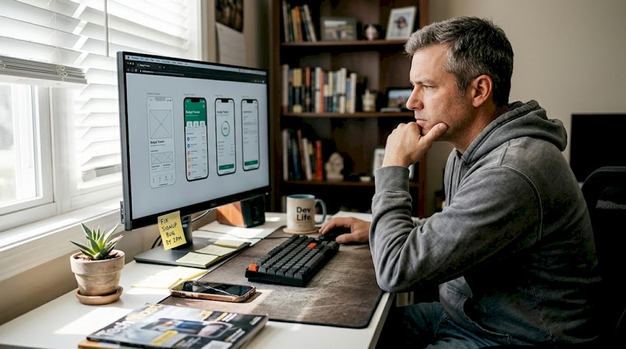 Developer reviewing app screenshots at desk