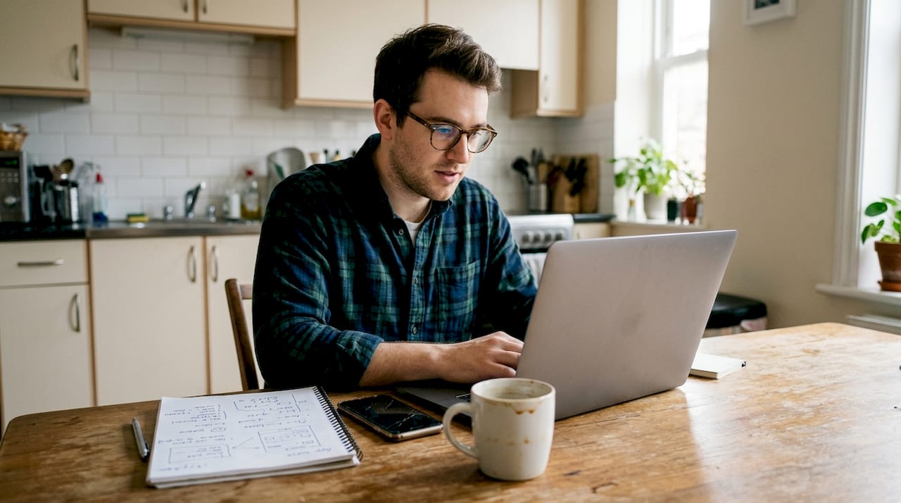 Developer reading app rejection on laptop at kitchen table