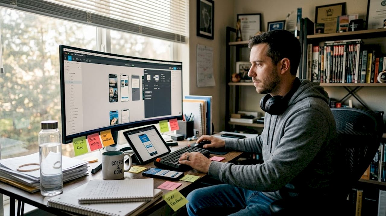 Designer edits app screenshots at home desk