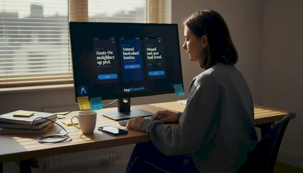 Developer reviewing app screenshots at home desk