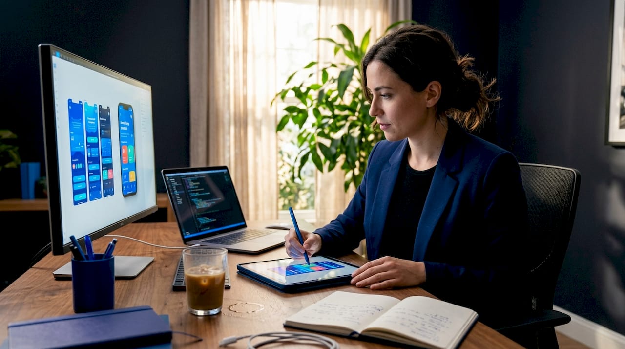 Designer creating 3D app mockup at desk