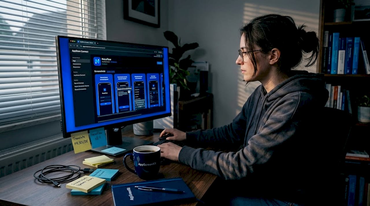 Developer localizing app screenshots in home office